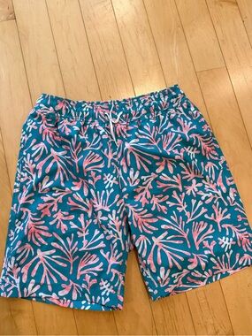 Boys Tropical Teal Swim Shorts with Pink Coral Print bathing suit J Crew